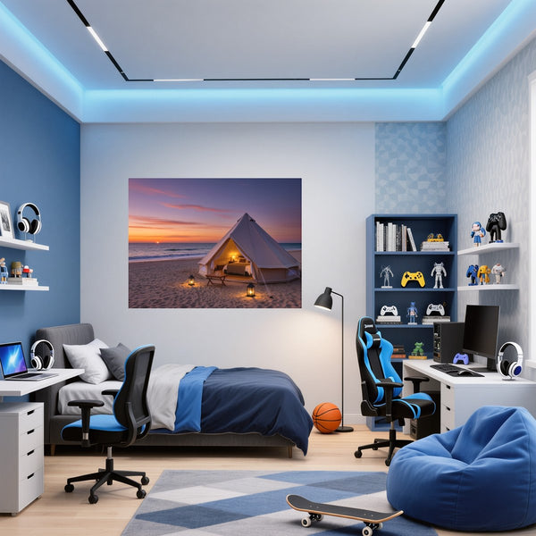 Poster Wandbild Romantisches Strandzelt bei Sonnenuntergang B-00019 fuer Jugendzimmer blau Querformat