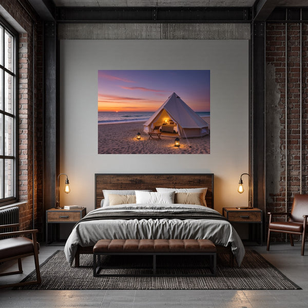 Poster Wandbild Romantisches Strandzelt bei Sonnenuntergang B-00019 fuer Schlafzimmer dunkelanthrazit Querformat