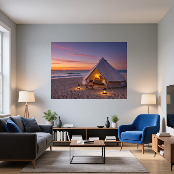 Poster Wandbild Romantisches Strandzelt bei Sonnenuntergang B-00019 fuer Wohnzimmer blau Querformat