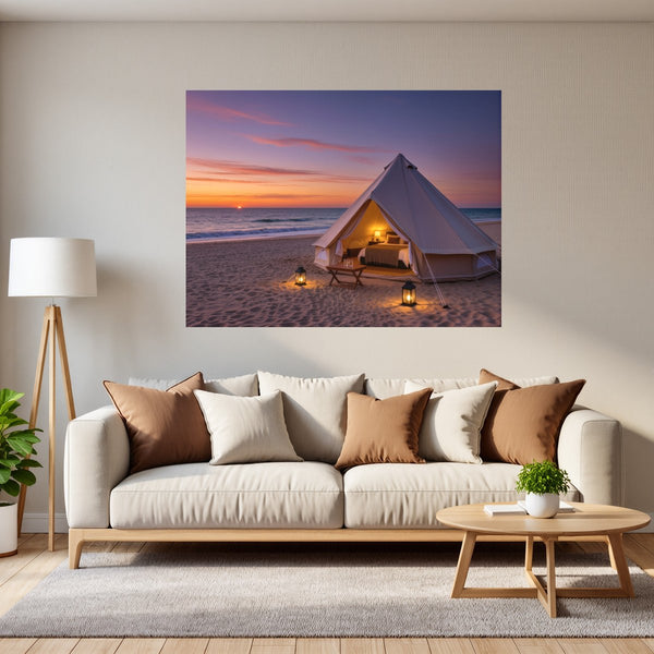Poster Wandbild Romantisches Strandzelt bei Sonnenuntergang B-00019 fuer Wohnzimmer grauoderbeige Querformat