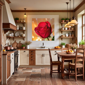 Poster Wandbild Rote Rose in voller Blüte B-00017 fuer Kueche und Esszimmer warmeFarben Quadrat