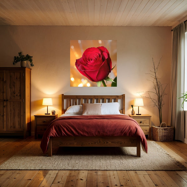 Poster Wandbild Rote Rose in voller Blüte B-00017 fuer Schlafzimmer warmeFarben Quadrat