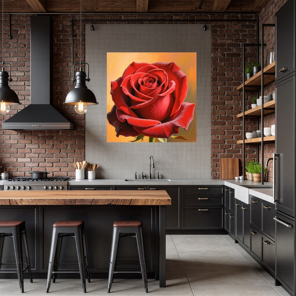 Poster Wandbild Rote Rose in voller Blüte fuer Kueche und Esszimmer dunkelanthrazit Quadrat