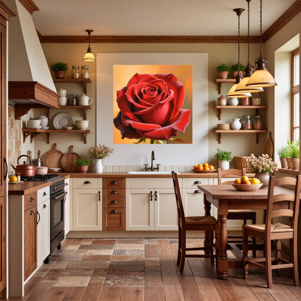 Poster Wandbild Rote Rose in voller Blüte fuer Kueche und Esszimmer warmeFarben Quadrat