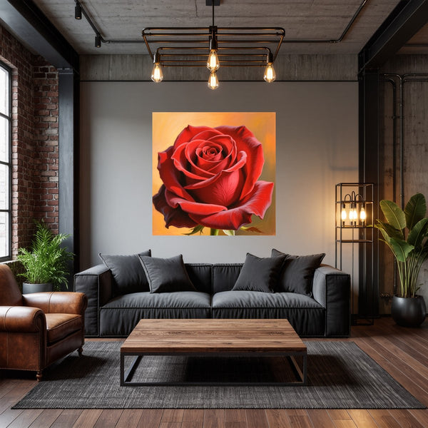 Poster Wandbild Rote Rose in voller Blüte fuer Wohnzimmer dunkelanthrazit Quadrat