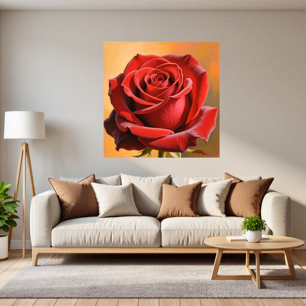 Poster Wandbild Rote Rose in voller Blüte fuer Wohnzimmer grauoderbeige Quadrat