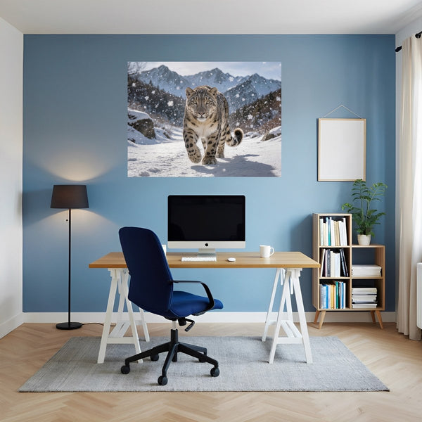 Poster Wandbild Schneeleopard im Winterwunderland fuer Büro- und Arbeitszimmer blau Querformat