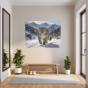 Poster Wandbild Schneeleopard im Winterwunderland fuer Flur und Eingang grauoderbeige Querformat