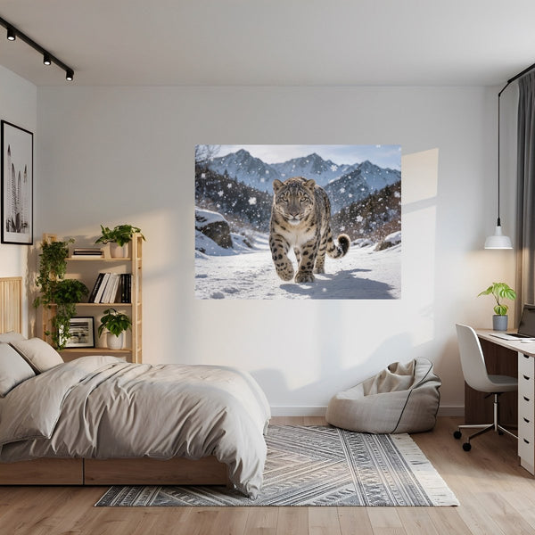 Poster Wandbild Schneeleopard im Winterwunderland fuer Jugendzimmer grauoderbeige Querformat