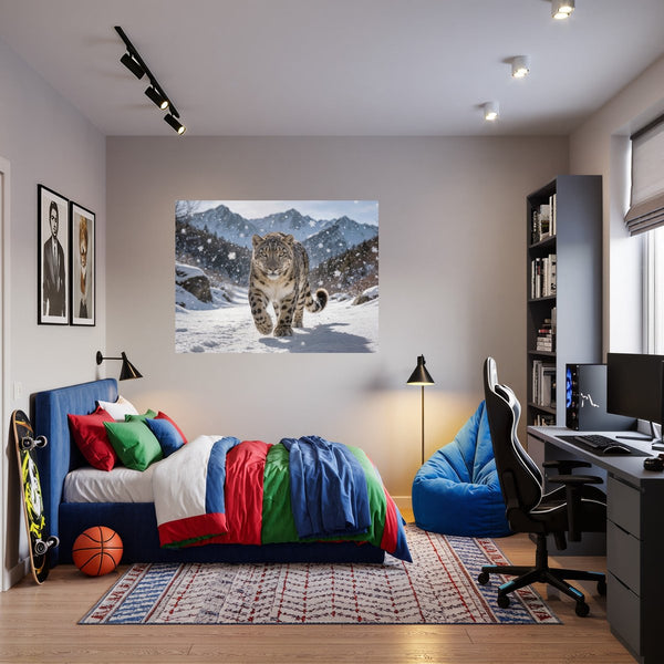 Poster Wandbild Schneeleopard im Winterwunderland fuer Jugendzimmer warmeFarben Querformat