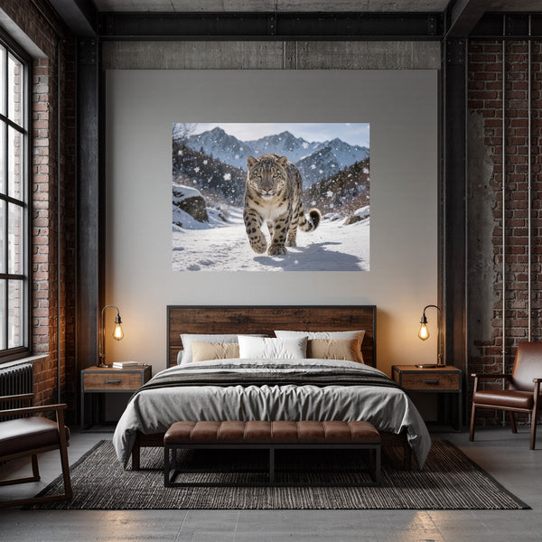 Poster Wandbild Schneeleopard im Winterwunderland fuer Schlafzimmer dunkelanthrazit Querformat