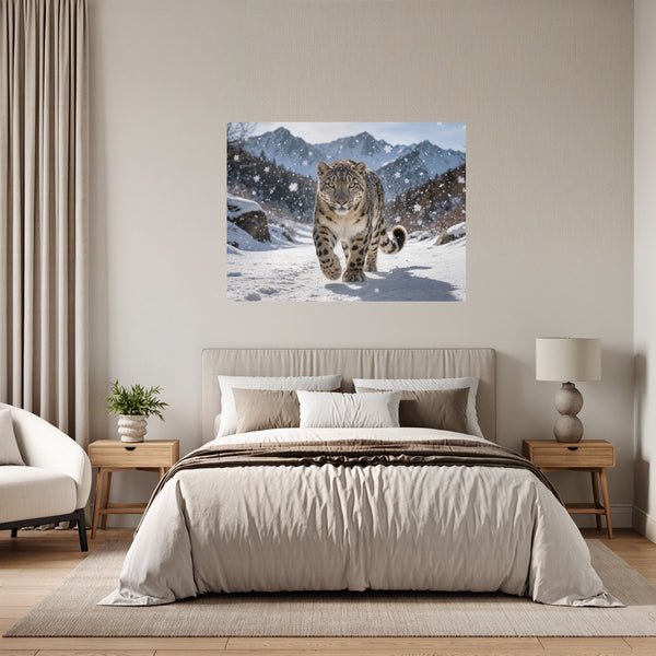 Poster Wandbild Schneeleopard im Winterwunderland fuer Schlafzimmer grauoderbeige Querformat