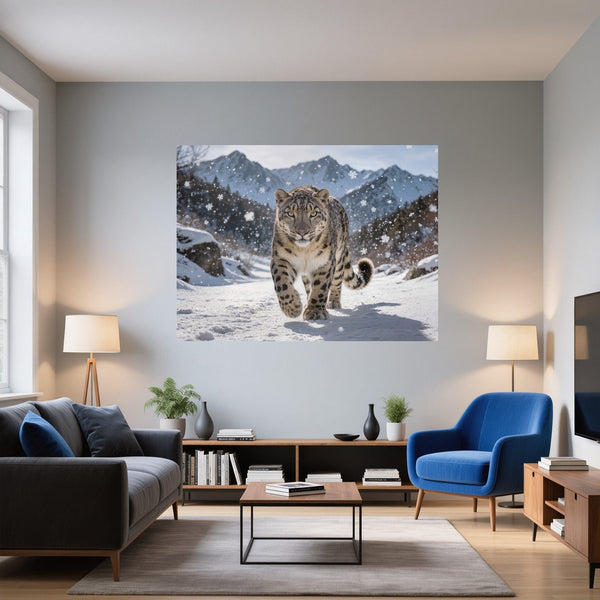 Poster Wandbild Schneeleopard im Winterwunderland fuer Wohnzimmer blau Querformat