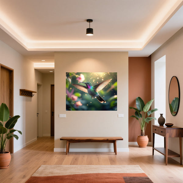 Poster Wandbild Schwebender Kolibri fuer Flur und Eingang warmeFarben Querformat