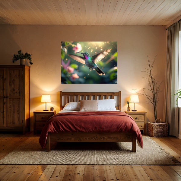 Poster Wandbild Schwebender Kolibri fuer Schlafzimmer warmeFarben Querformat