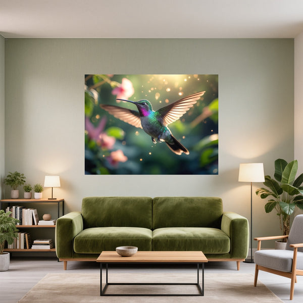 Poster Wandbild Schwebender Kolibri fuer Wohnzimmer gruen Querformat