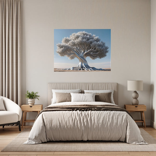 Poster Wandbild Silberner Baum fuer Schlafzimmer grauoderbeige Querformat