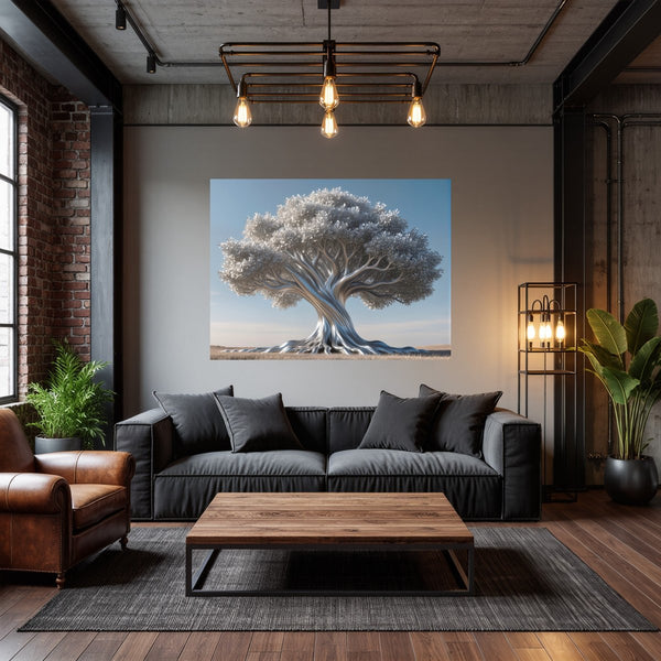 Poster Wandbild Silberner Baum fuer Wohnzimmer dunkelanthrazit Querformat
