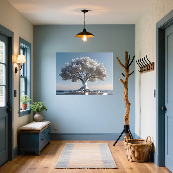 Poster Wandbild Silberner Baum im Wasser fuer Flur und Eingang blau Querformat