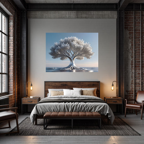 Poster Wandbild Silberner Baum im Wasser fuer Schlafzimmer dunkelanthrazit Querformat