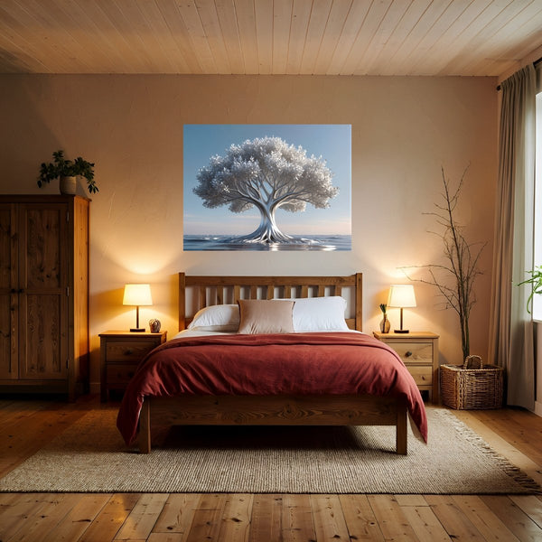 Poster Wandbild Silberner Baum im Wasser fuer Schlafzimmer warmeFarben Querformat