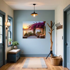 Poster Wandbild Sonnenuntergang mit Bougainvillea fuer Flur und Eingang blau Querformat
