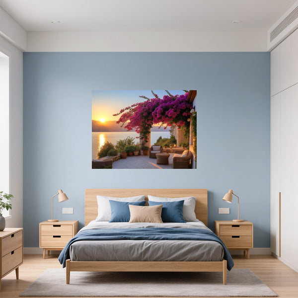 Poster Wandbild Sonnenuntergang mit Bougainvillea fuer Schlafzimmer blau Querformat
