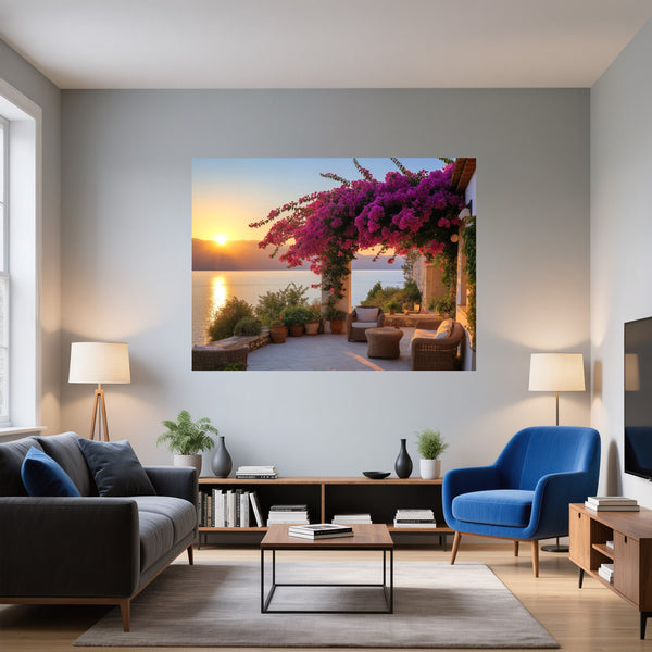 Poster Wandbild Sonnenuntergang mit Bougainvillea fuer Wohnzimmer blau Querformat