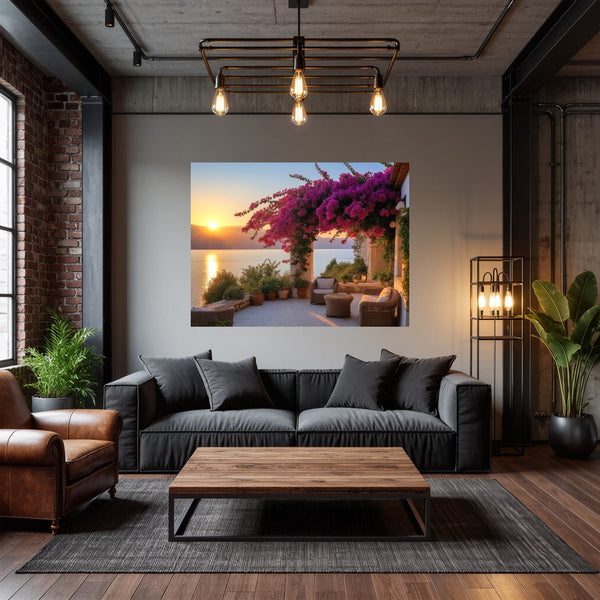 Poster Wandbild Sonnenuntergang mit Bougainvillea fuer Wohnzimmer dunkelanthrazit Querformat