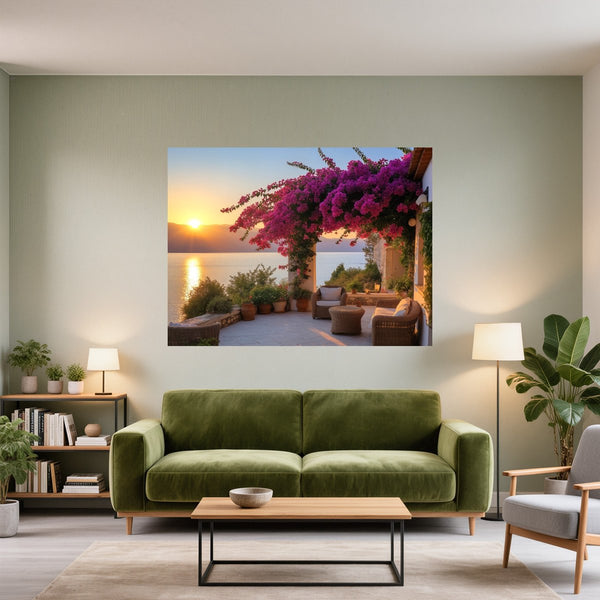 Poster Wandbild Sonnenuntergang mit Bougainvillea fuer Wohnzimmer gruen Querformat