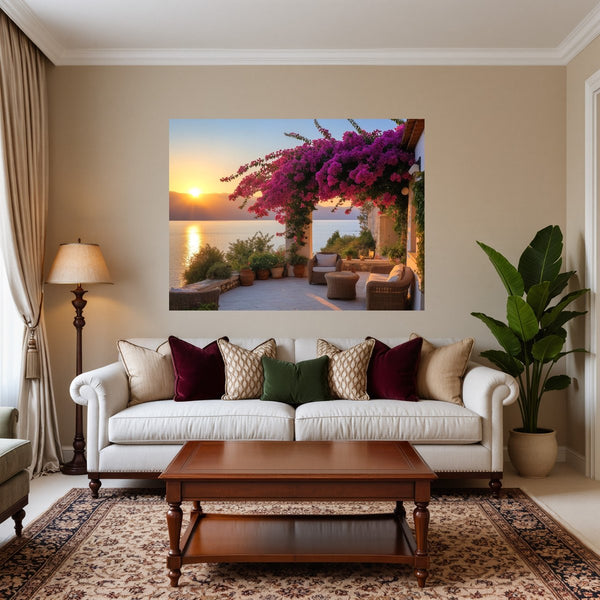 Poster Wandbild Sonnenuntergang mit Bougainvillea fuer Wohnzimmer warmeFarben Querformat
