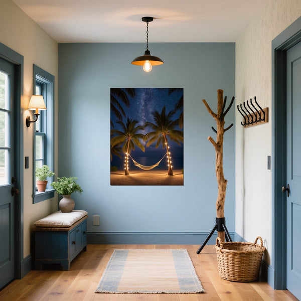 Poster Wandbild Sternenhimmel über der Hängematte fuer Flur und Eingang blau Hochformat