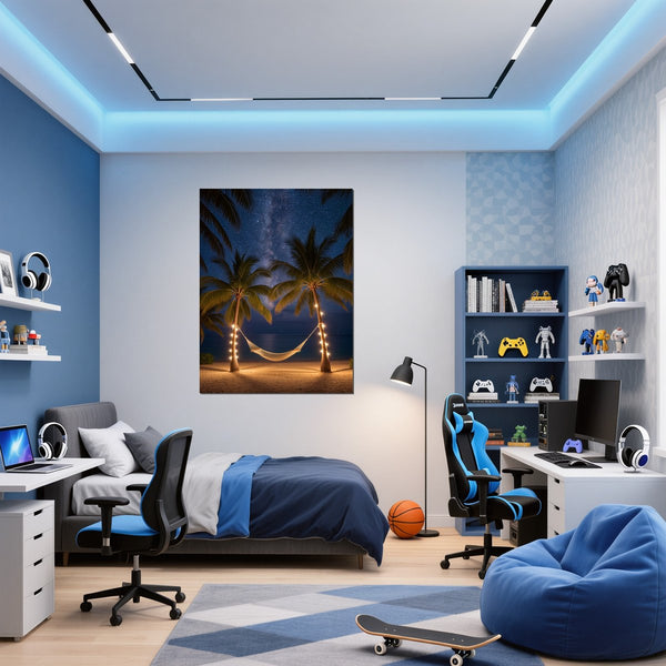 Poster Wandbild Sternenhimmel über der Hängematte fuer Jugendzimmer blau Hochformat