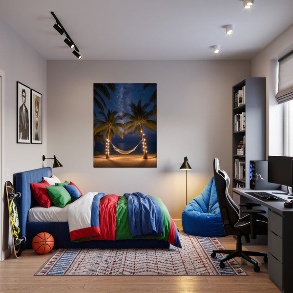 Poster Wandbild Sternenhimmel über der Hängematte fuer Jugendzimmer warmeFarben Hochformat