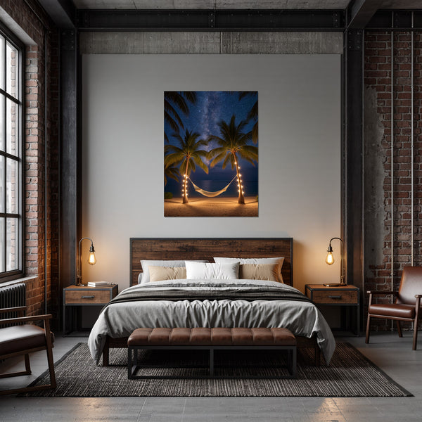 Poster Wandbild Sternenhimmel über der Hängematte fuer Schlafzimmer dunkelanthrazit Hochformat