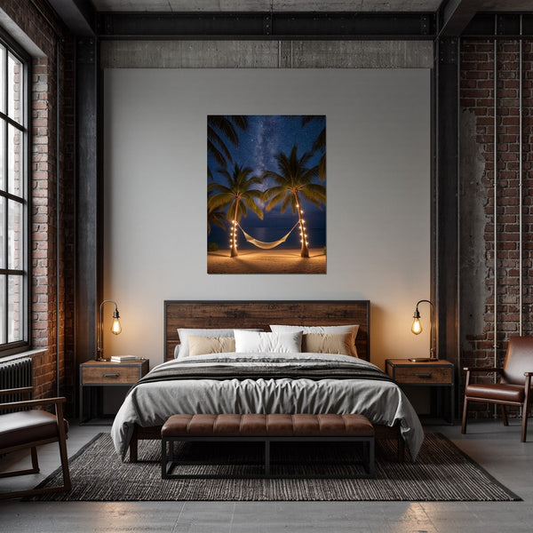 Poster Wandbild Sternenhimmel über der Hängematte fuer Schlafzimmer dunkelanthrazit Hochformat