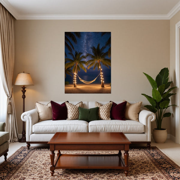 Poster Wandbild Sternenhimmel über der Hängematte fuer Wohnzimmer warmeFarben Hochformat