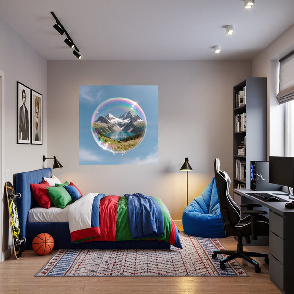 Poster Wandbild Traumhafte Berglandschaft in einer Seifenblase fuer Jugendzimmer warmeFarben Quadrat
