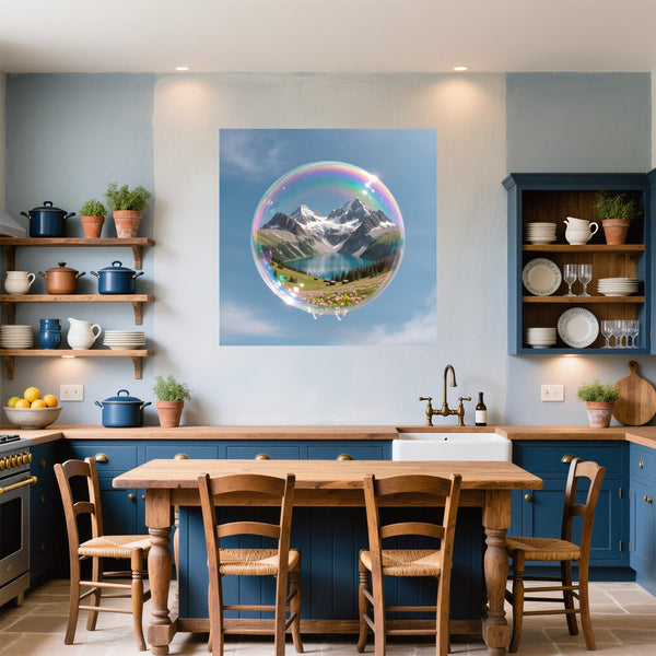 Poster Wandbild Traumhafte Berglandschaft in einer Seifenblase fuer Kueche und Esszimmer blau Quadrat