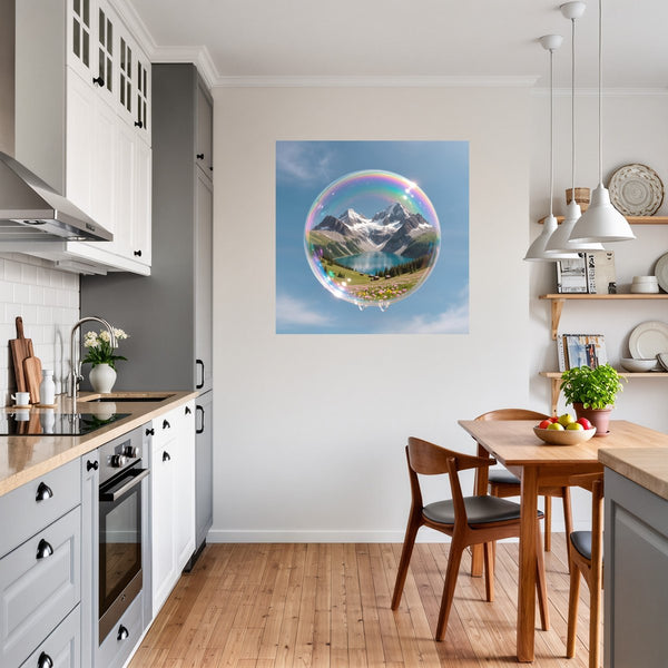 Poster Wandbild Traumhafte Berglandschaft in einer Seifenblase fuer Kueche und Esszimmer grauoderbeige Quadrat
