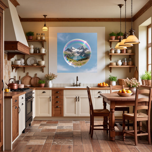 Poster Wandbild Traumhafte Berglandschaft in einer Seifenblase fuer Kueche und Esszimmer warmeFarben Quadrat