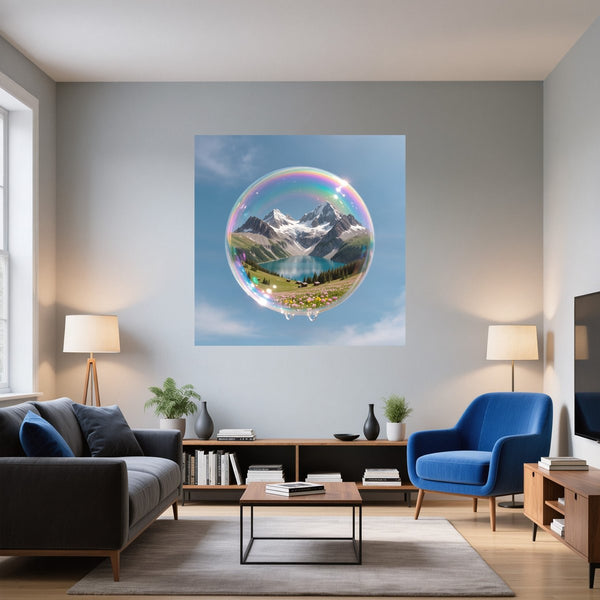 Poster Wandbild Traumhafte Berglandschaft in einer Seifenblase fuer Wohnzimmer blau Quadrat