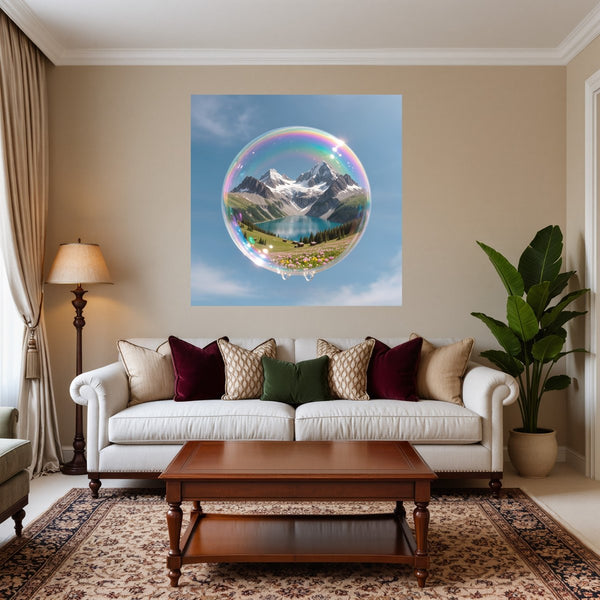 Poster Wandbild Traumhafte Berglandschaft in einer Seifenblase fuer Wohnzimmer warmeFarben Quadrat