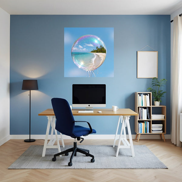 Poster Wandbild Traumhafte Seifenblase am Strand fuer Buero und Arbeitszimmer blau Quadrat