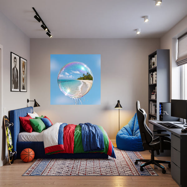 Poster Wandbild Traumhafte Seifenblase am Strand fuer Jugendzimmer warmeFarben Quadrat
