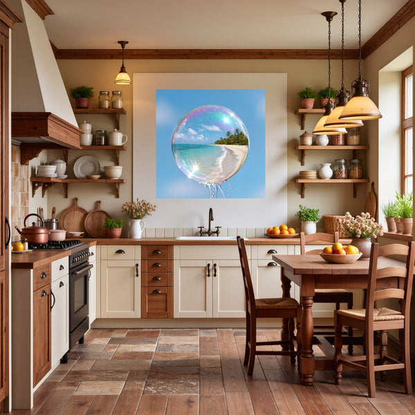 Poster Wandbild Traumhafte Seifenblase am Strand fuer Kueche und Esszimmer warmeFarben Quadrat