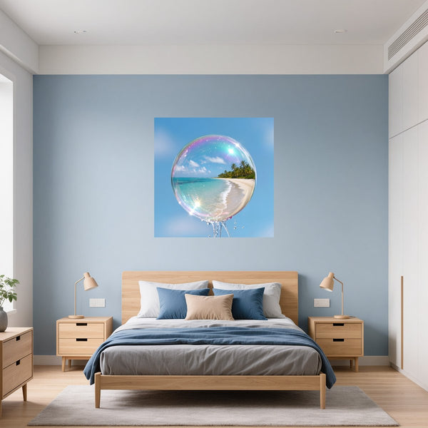 Poster Wandbild Traumhafte Seifenblase am Strand fuer Schlafzimmer blau Quadrat