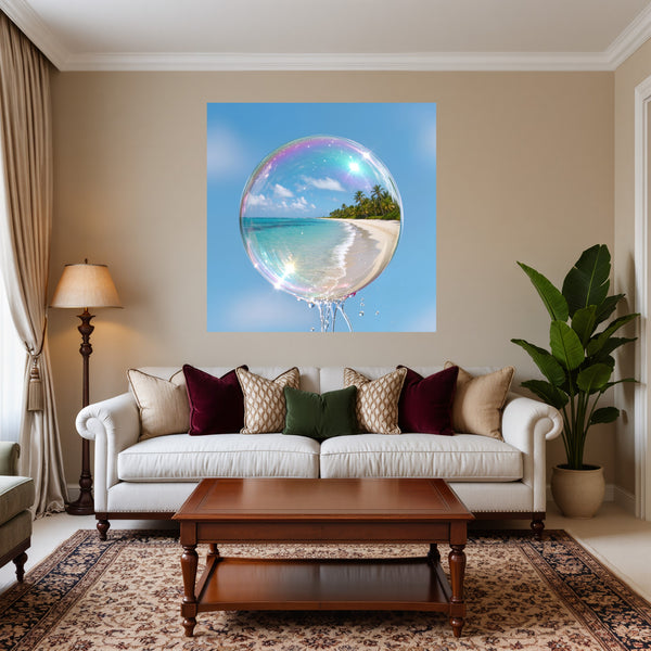 Poster Wandbild Traumhafte Seifenblase am Strand fuer Wohnzimmer warmeFarben Quadrat