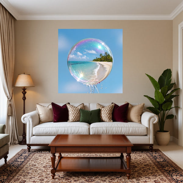 Poster Wandbild Traumhafte Seifenblase am Strand fuer Wohnzimmer warmeFarben Quadrat