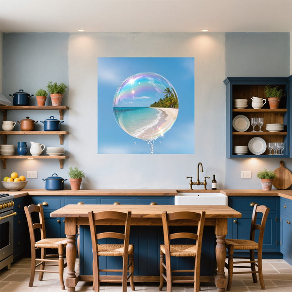 Poster Wandbild Traumhafte Strandansicht in einer Seifenblase fuer Kueche und Esszimmer blau Quadrat